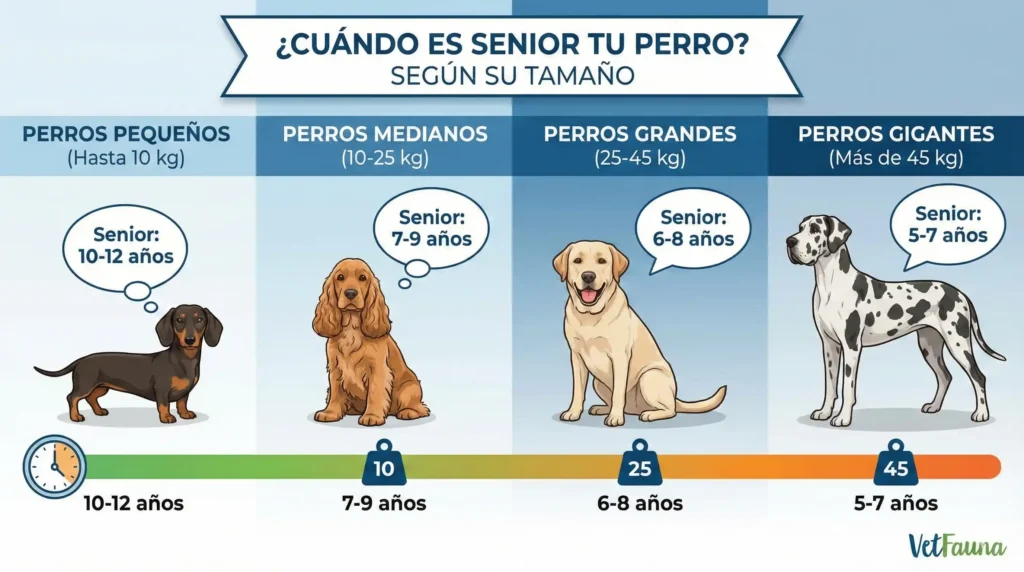 Cuando tu perro es senior. Perros muy mayores. Ilustración de perros senior según su tamaño. VetFauna