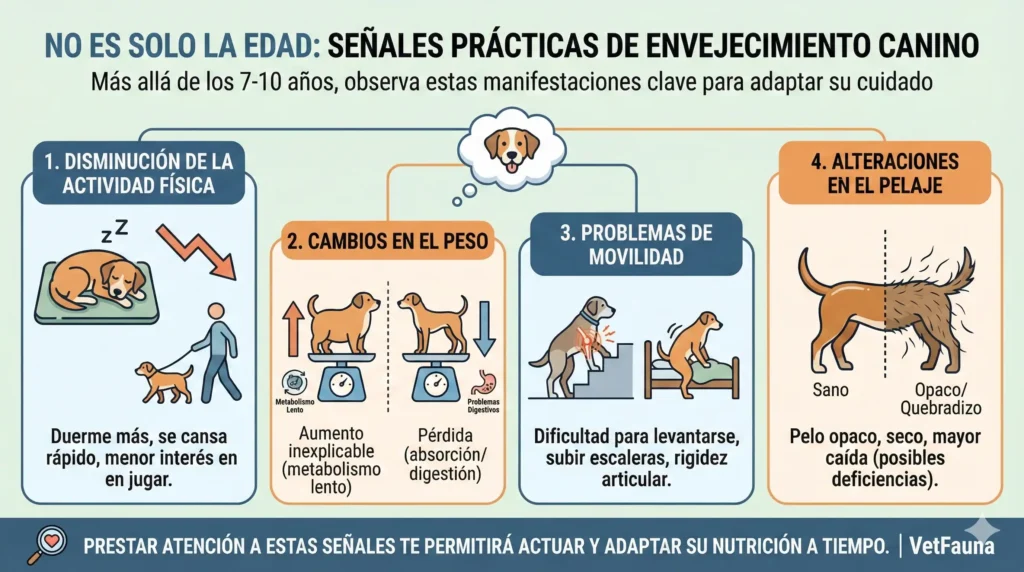 ilustración esquema señales prácticas de envejecimiento canino. criterio veterinario de VetFauna