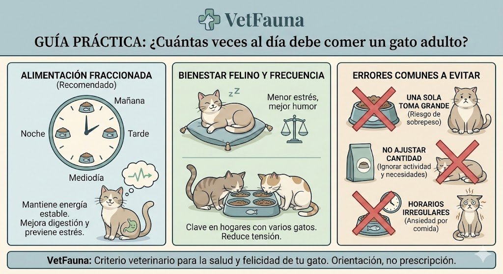Ilustración ¿Cuántas veces al día debe comer un gato adulto? Criterio veterinario de VetFauna