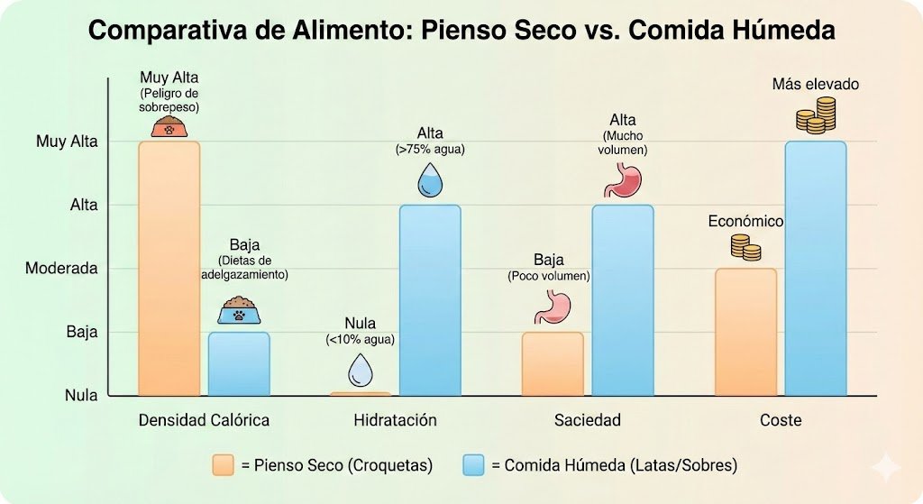 Alimentación del gato esterilizado: cómo ajustar la dieta tras la esterilización 2 ilustración gráfica de comparativa alimento seco vs húmedo. VetFauna