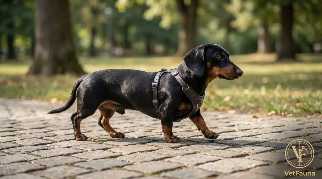 Uso de arnés en vez de correa al cuello en la raza teckel. Control del peso en la raza Teckel. Guía profesional y con criterio veterinario para el cuidado de los perros Teckel o salchichas. VetFauna.com